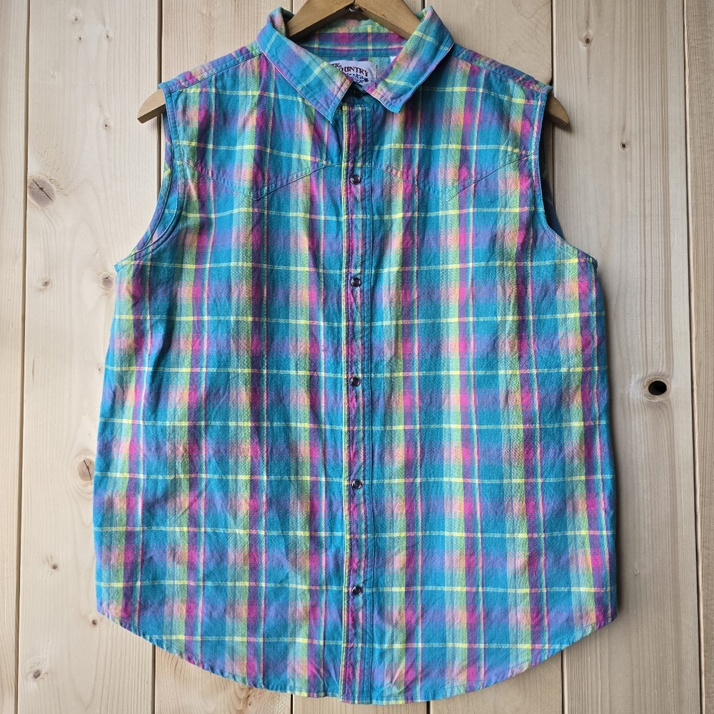 Ely Country Charmers Sleeveless Shirt Top Button Front Blue Plaid Womens Large